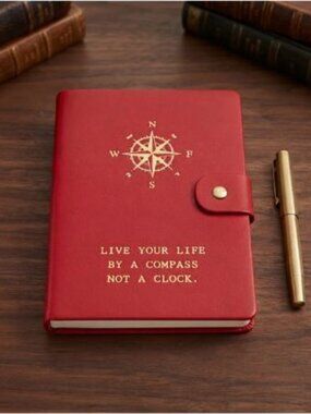 NWT RED LINED JOURNAL "LIVE YOUR LIFE BY A COMPASS NOT A CLOCK" LEATHER 5"X7"